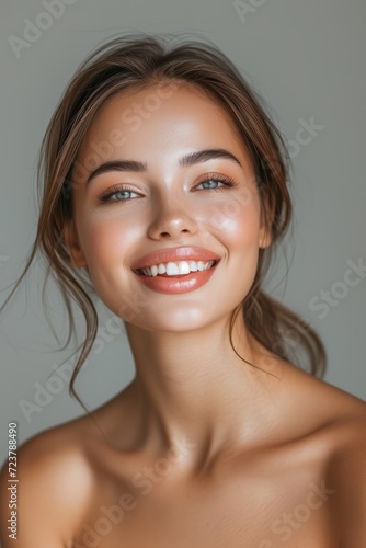 Close up portrait of beautiful young woman with perfect smooth skin and toothy smile
