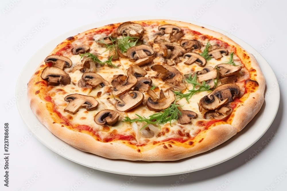 colorful background of pizza with mushrooms on white background