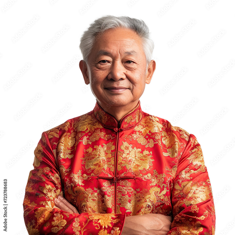 Senior Asian man smiling in traditional cheongsam for Chinese New Year. isolated on a transparent background as PNG Senior Asian man smiling in traditional cheongsam for Chinese New Year. isolated on a transparent background as PNG