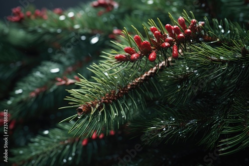 A close-up view of a pine tree with vibrant red berries. Perfect for adding a touch of nature to any project