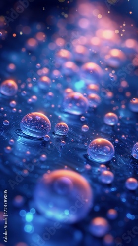 Close-up of water droplets on a blue surface with light reflections.