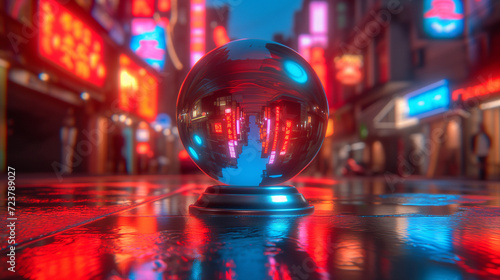 A cityscape reflected in a crystal ball on a wet street