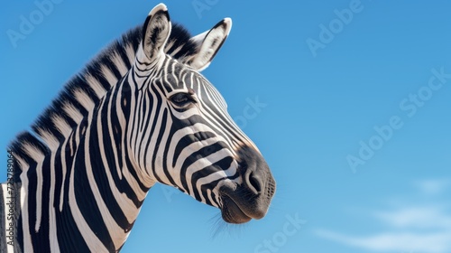 A detailed view of a zebra's face with its distinct black and white stripes against a vibrant blue sky. Perfect for nature and wildlife enthusiasts