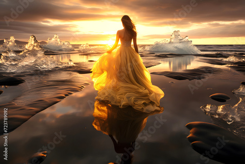 beautiful woman in a lush yellow dress on the shore of Iceland among the ice against the backdrop of sunset