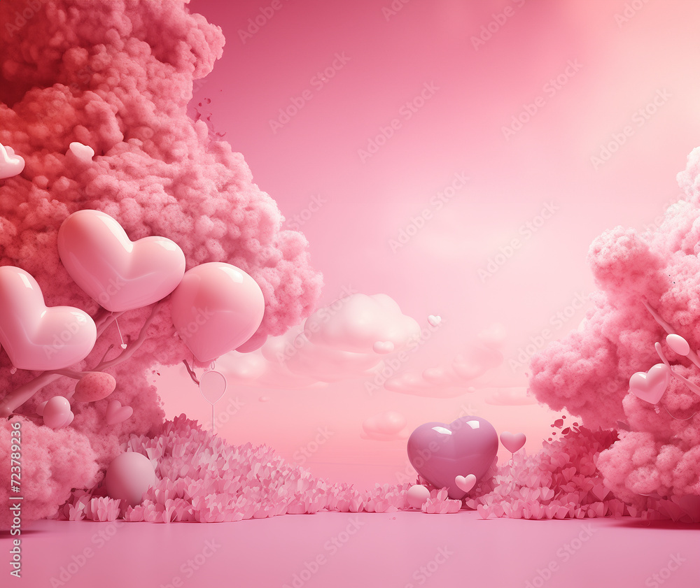 Fototapeta premium Pink background with heart and cute tree. Cute wallpaper. Love background, GenerativeAI