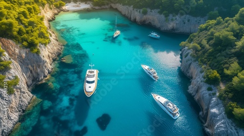Aerial view of yachts anchored in crystal clear waters of a secluded bay.
