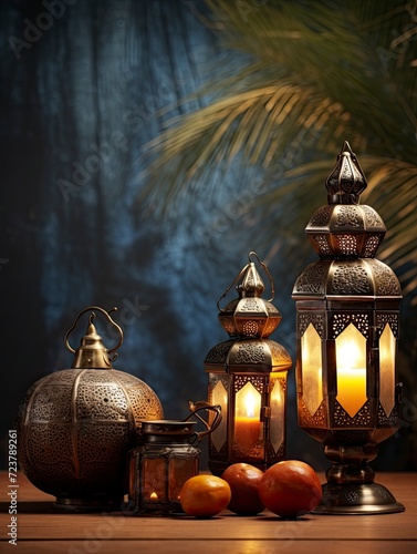 Dates Aladdin lamps and Arabic lanterns, copy space - generative ai