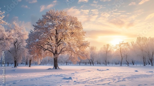 a wonderful picture made by artificial intelligence of a winter and a beautiful landscape with a snowy tree © Sndor