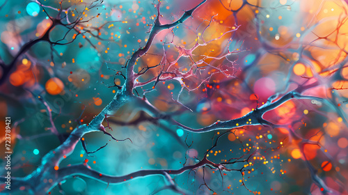 Abstract colorful 3d background with connected cells and neural network connectivity concept