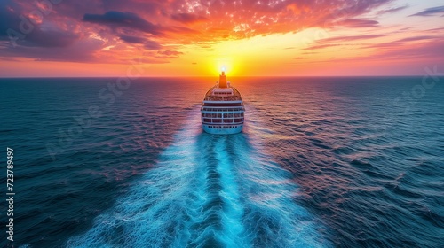 Luxury liner crossing ocean as sun sets. photo