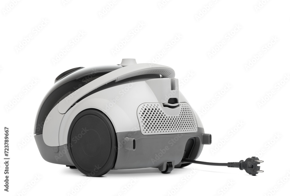 Grey new plastic vacuum cleaner, with an elongated cord with a plug, rear view, isolated on a transparent background png Grey new plastic vacuum cleaner, with an elongated cord with a plug, rear view, isolated on a transparent background png