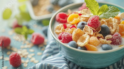 Bowl of cereals with fresh milk photo