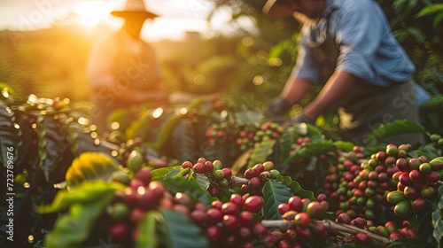 Farmers harvesting coffee beans photo