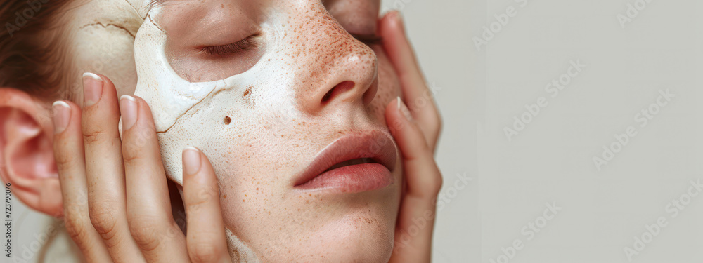 Naklejka premium Beauty in Clean, Fresh Serenity: Young Woman’s Attractive Facial Skincare Treatment with Clay Mask, Relaxation at Home