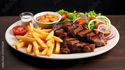 Plate of kebab vegetables and french fries isolated