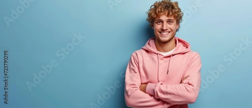 Portrait of happy man with curly hair smile toothily keeps arms down wears casual pink hoodie looks cheerful isolated over blue background being in good mood with copy space. Generative ai photo