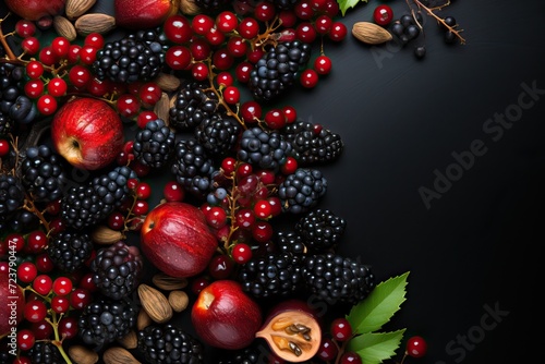 Apples, blackberries, red currants and seeds on a black background, autumn fruit texture with copy space.