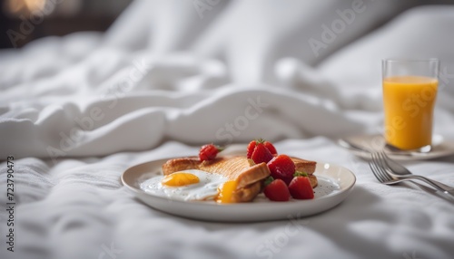 Cozy breakfast in bed with fresh fruit and juice