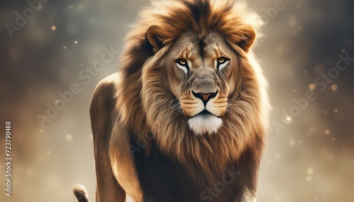 Majestic lion portrait against golden backdrop