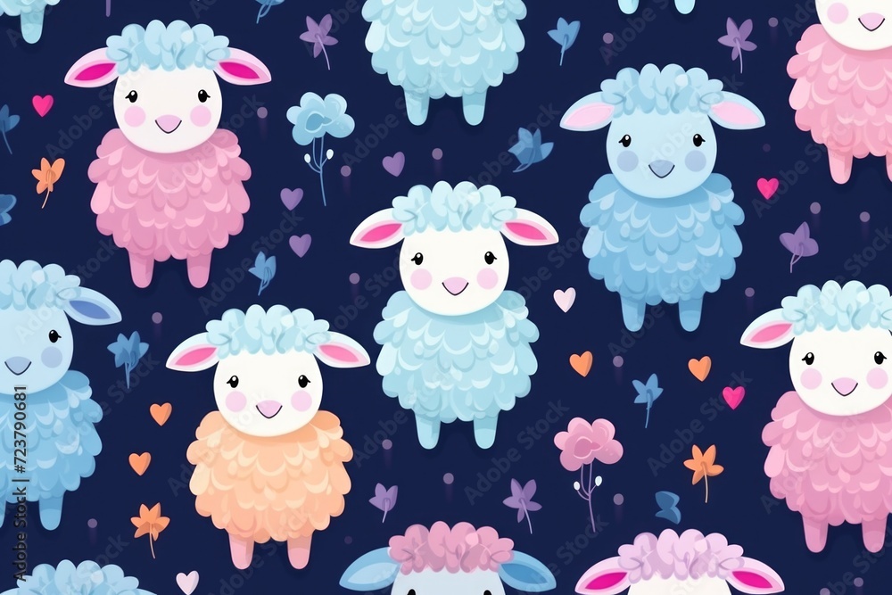 seamless pattern with sheep and flowers