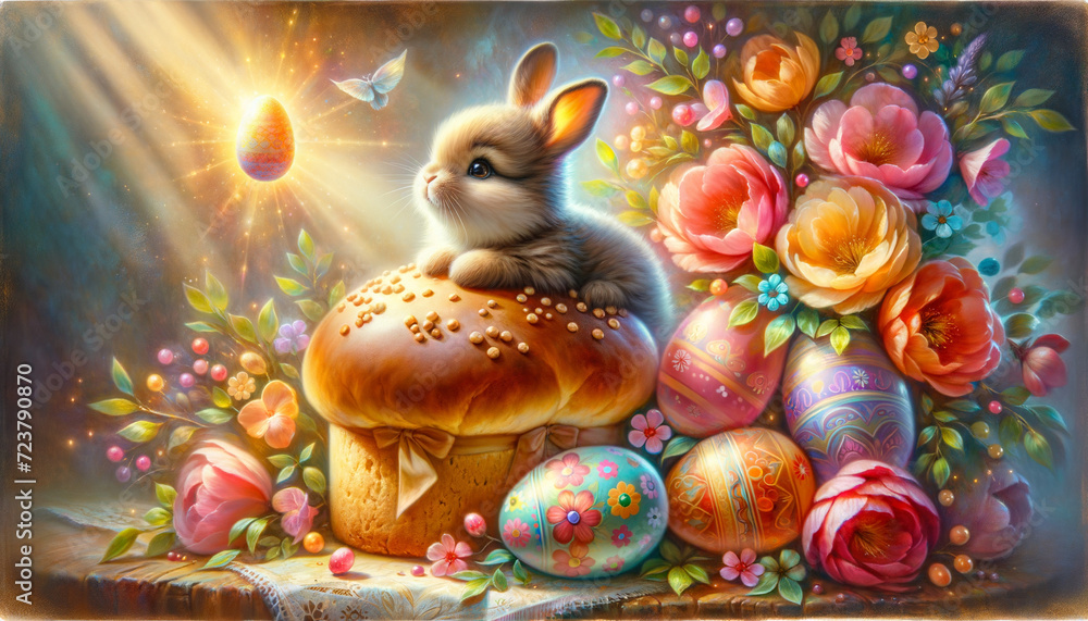 Fototapeta premium A Whimsical Easter-Themed Artwork with a Bunny, Decorated Eggs, and Luminous Florals