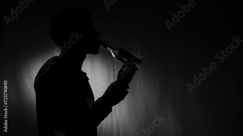 A man is depicted drinking from a bottle in a dark setting. This image can be used to illustrate concepts such as addiction, solitude, or nighttime activities