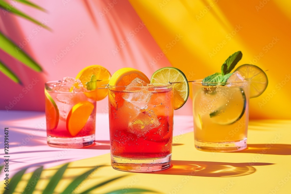 Three colorful cocktails with fruit garnishes on a vibrant background with shadows of tropical leaves, depicting a refreshing summer vibe.