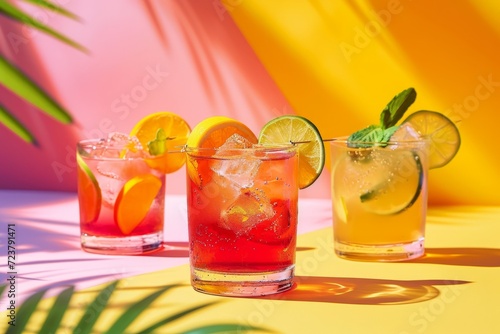 Obraz na płótnie Three colorful cocktails with fruit garnishes on a vibrant background with shadows of tropical leaves, depicting a refreshing summer vibe. w salonie