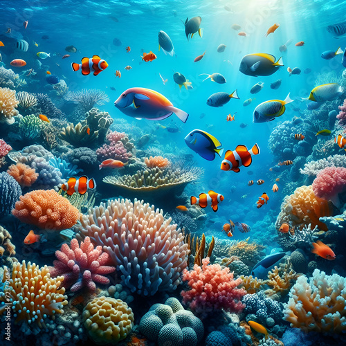 Underwater Tropical Corals Reef with colorful sea fish.Ai generated