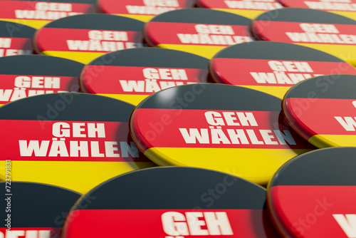 German flag election badges with the national colors. Campaign button with the message 