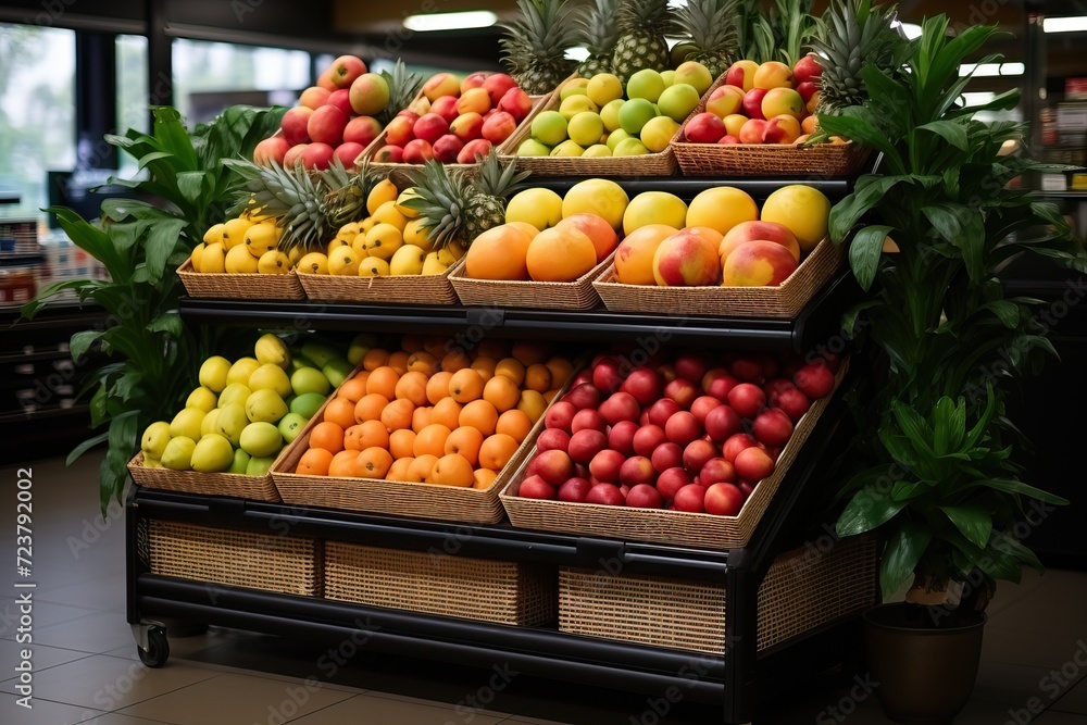 Shelves in a supermarket with different types of fruits.