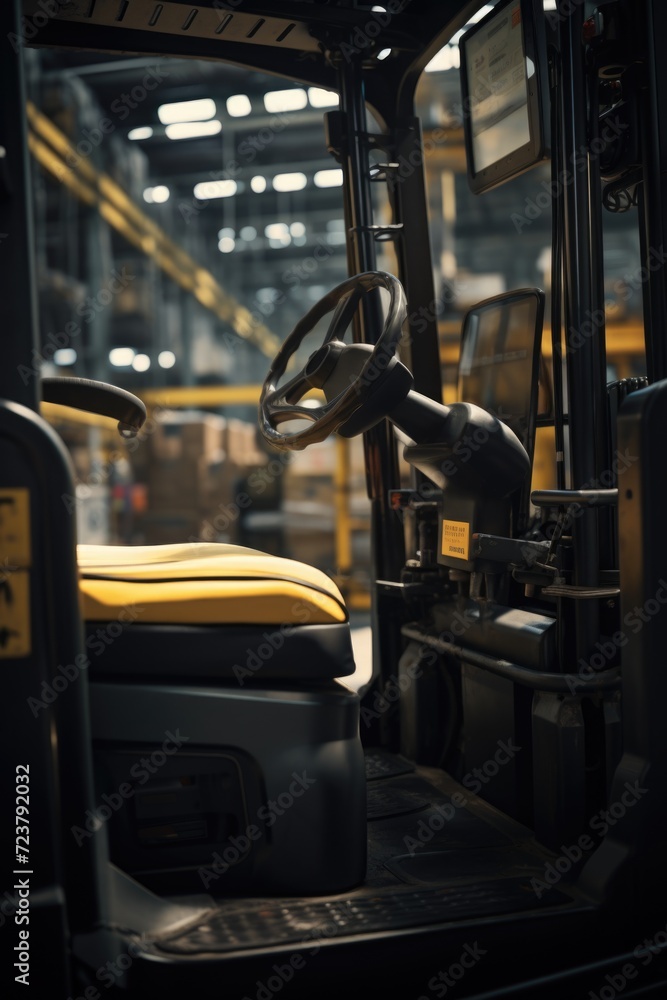 A close-up view of a forklift driver's seat in a warehouse. Suitable for industrial and logistics themes A close-up view of a forklift driver's seat in a warehouse. Suitable for industrial and logistics themes