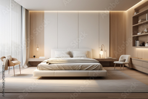 İvory color minimal bedroom interior with bed and luxury decoration