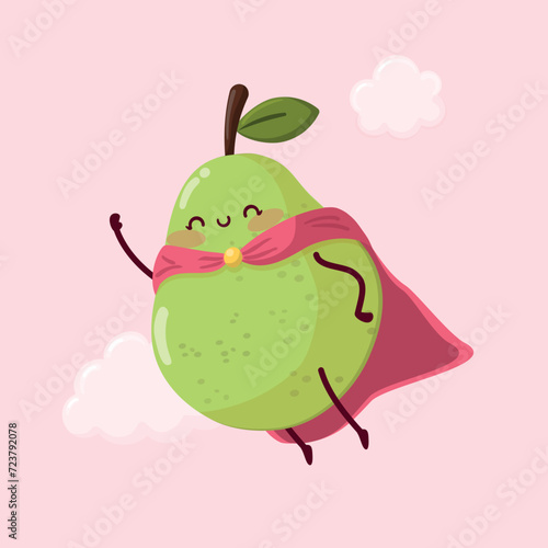 Cute superhero pear fruit flying in the sky