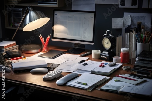 A cluttered desk with a computer monitor and a keyboard. Perfect for illustrating a busy workspace or a modern office setup © Fotograf