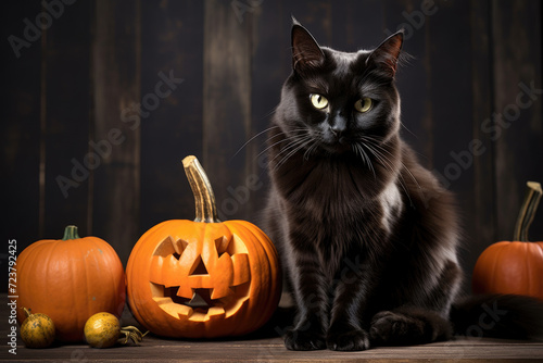Jack o lantern pumpkin faces and black cat © LFK