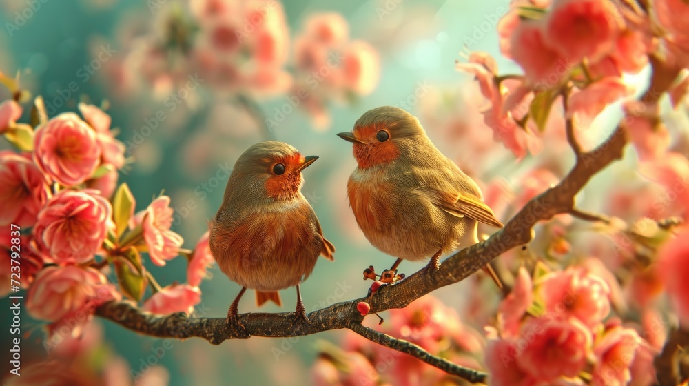 Two robin birds sitting on a branch of blooming sakura