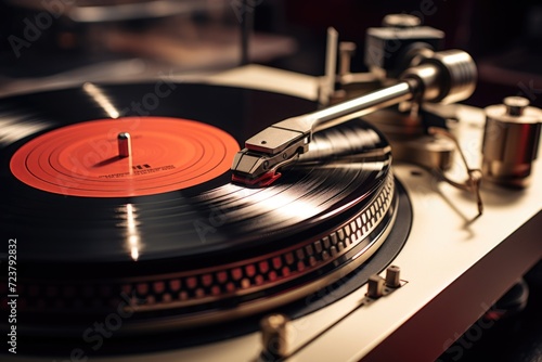 A close up view of a turntable with a record on it. Perfect for music enthusiasts or DJ-themed designs