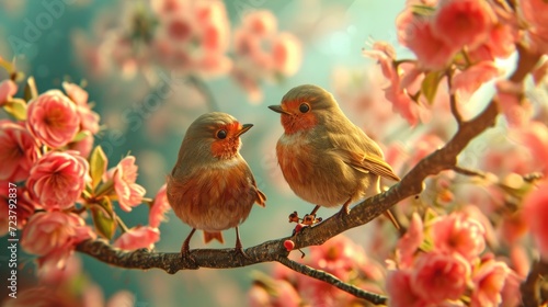 Two robin birds sitting on a branch of blooming sakura © Олег Фадеев