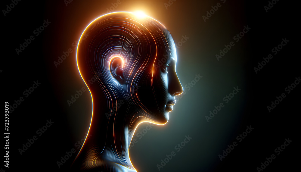 A profile of a female figure with a glowing outline tracing her silhouette A profile of a female figure with a glowing outline tracing her silhouette