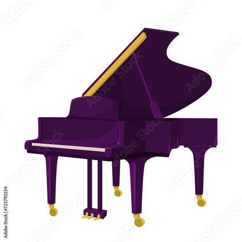 Musical instrument purple grand piano with golden wheels. Classical orchestra instrument isolated on white background. Flat style design icon. Violet color special version design. vector illustration