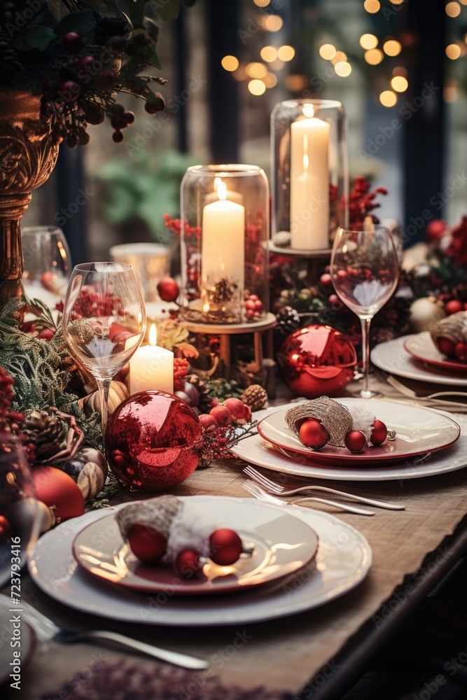 A beautifully set table for a festive Christmas dinner. This image can be used to depict holiday celebrations and decorations