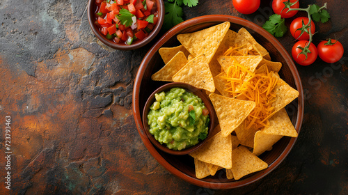 divided bowl with nacho chips and cheese salsa and guacamole dip -generative AI photo