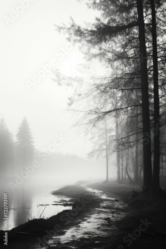 A captivating black and white photograph of a foggy forest. Perfect for adding an ethereal and mysterious touch to any project