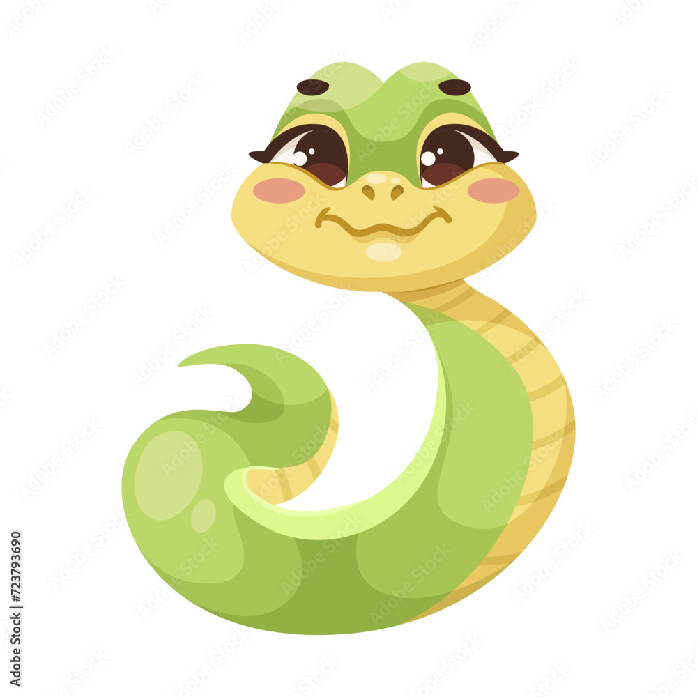 Cartoon cute green smiles snake isolated on white background. Little child snake character. Chinese horoscope zodiac sign, year of the snake 2025. Friendly character of reptile. Vector illustration Cartoon cute green smiles snake isolated on white background. Little child snake character. Chinese horoscope zodiac sign, year of the snake 2025. Friendly character of reptile. Vector illustration