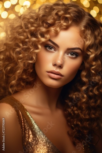 A woman with curly hair wearing a stunning gold dress. Perfect for fashion and glamour-themed projects
