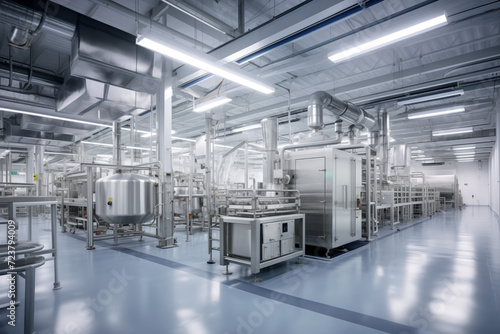 Vegan food production factory facility before workers come. Machinery and equipment stand ready positioned to transform fresh plant-based ingredients to dishes