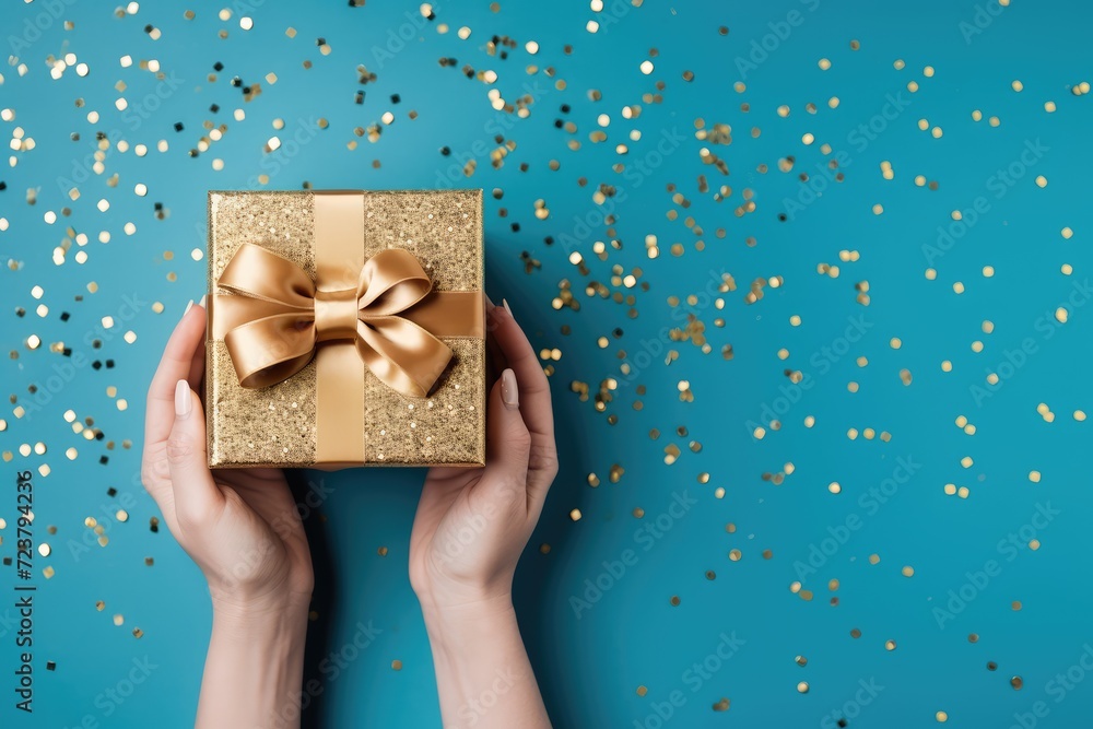 Sparkling gift box with gold bow in woman's hands. Shiny confetti on an isolated light-blue background with empty space Christmas concept. Generative AI Sparkling gift box with gold bow in woman's hands. Shiny confetti on an isolated light-blue background with empty space Christmas concept. Generative AI