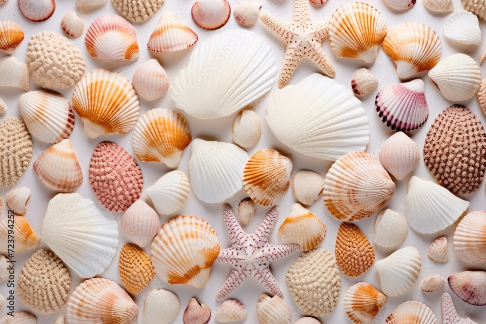 colorful background of seashells and starfish