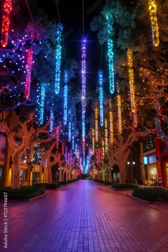 Glowing Christmas lights hanging over a brick walkway